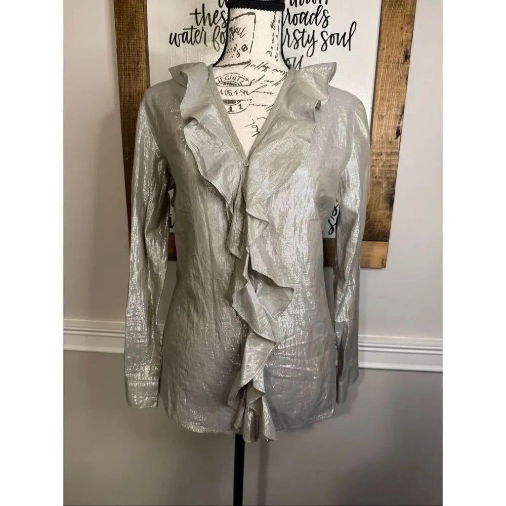 Chicos Women's Silk Blend Metallic Long Sleeve Ruffle Button Up Blouse Silver XS